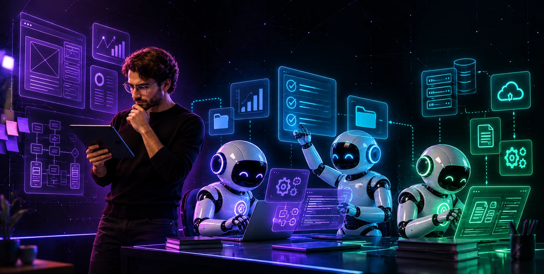 Un ingénieur réfléchit devant des maquettes pendant que trois assistants IA produisent le code, les tests et l’infrastructure.